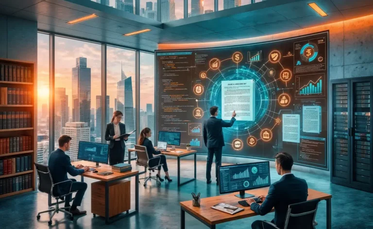 Reunión sobre finanzas y tecnología avanzada.